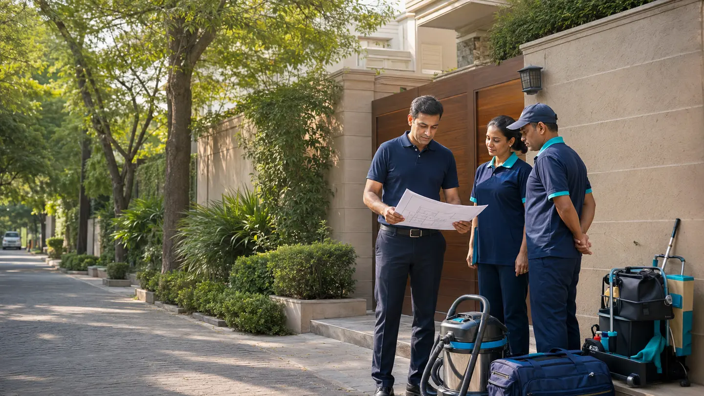 Photorealistic Indian property-care scene for Property management and professional cleaning in Central Delhi.