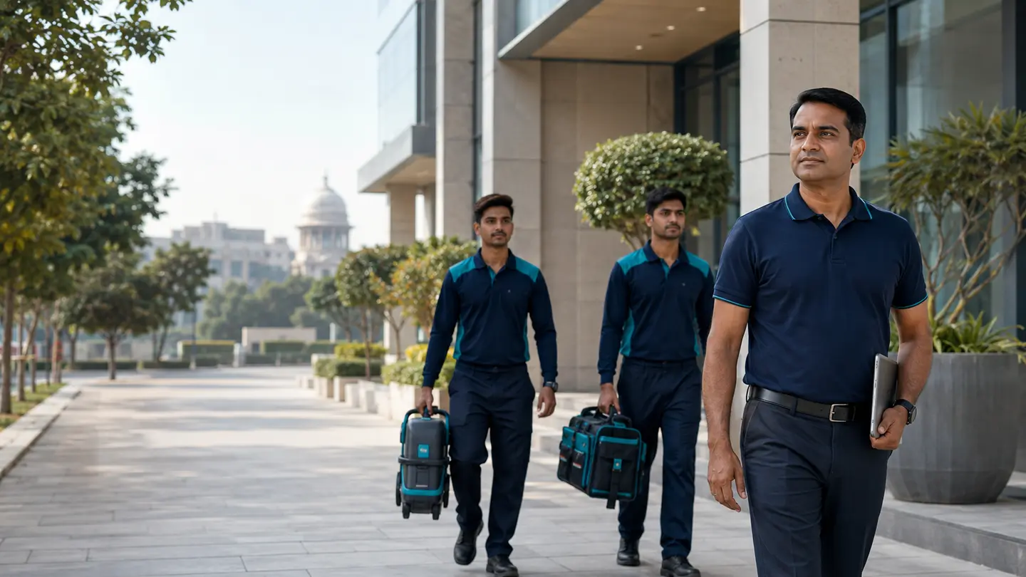 Photorealistic Indian property-care scene for Property management and professional cleaning in Delhi.