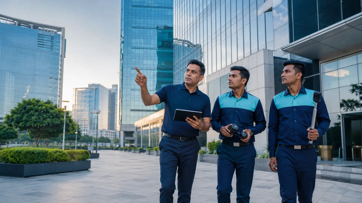 Photorealistic Indian property-care scene for Property management and professional cleaning in Faridabad.