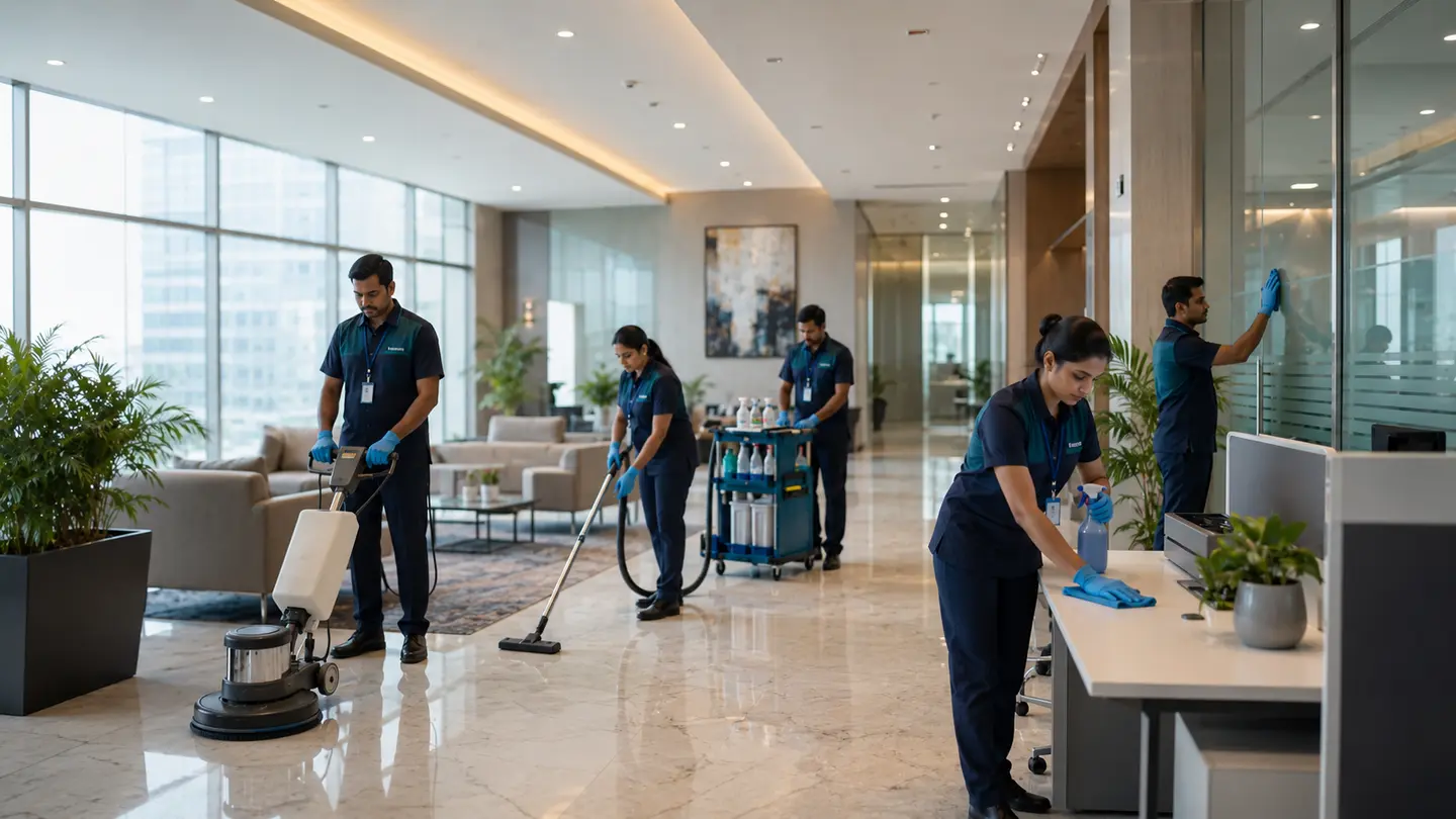 Indian commercial-cleaning team preparing a modern office