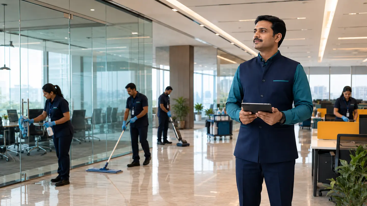 Indian commercial property-care team working in a contemporary office