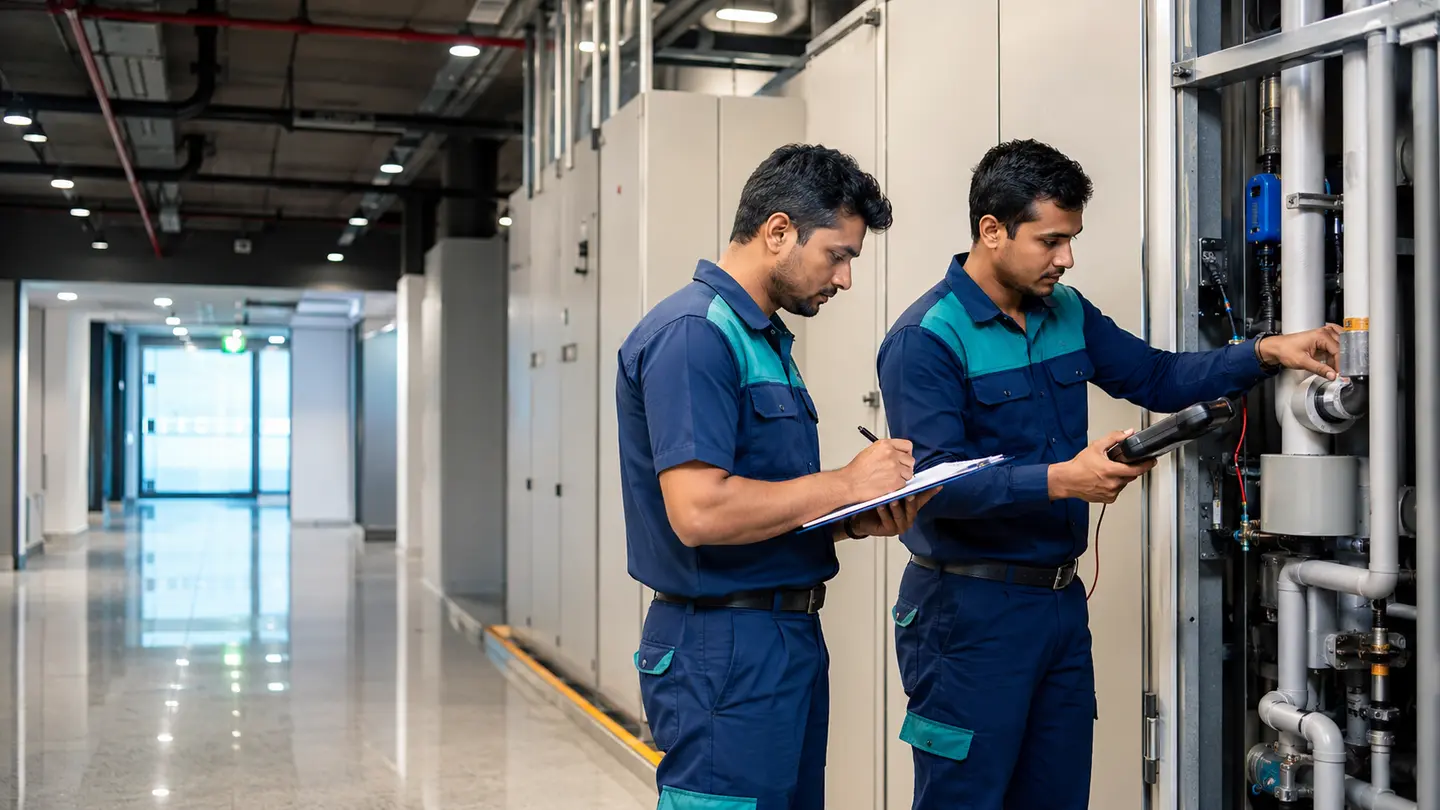 Indian preventive-maintenance technicians inspecting building equipment