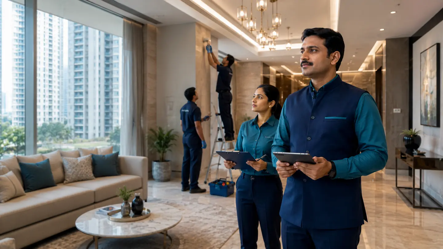 Indian property-management team coordinating service at a commercial property