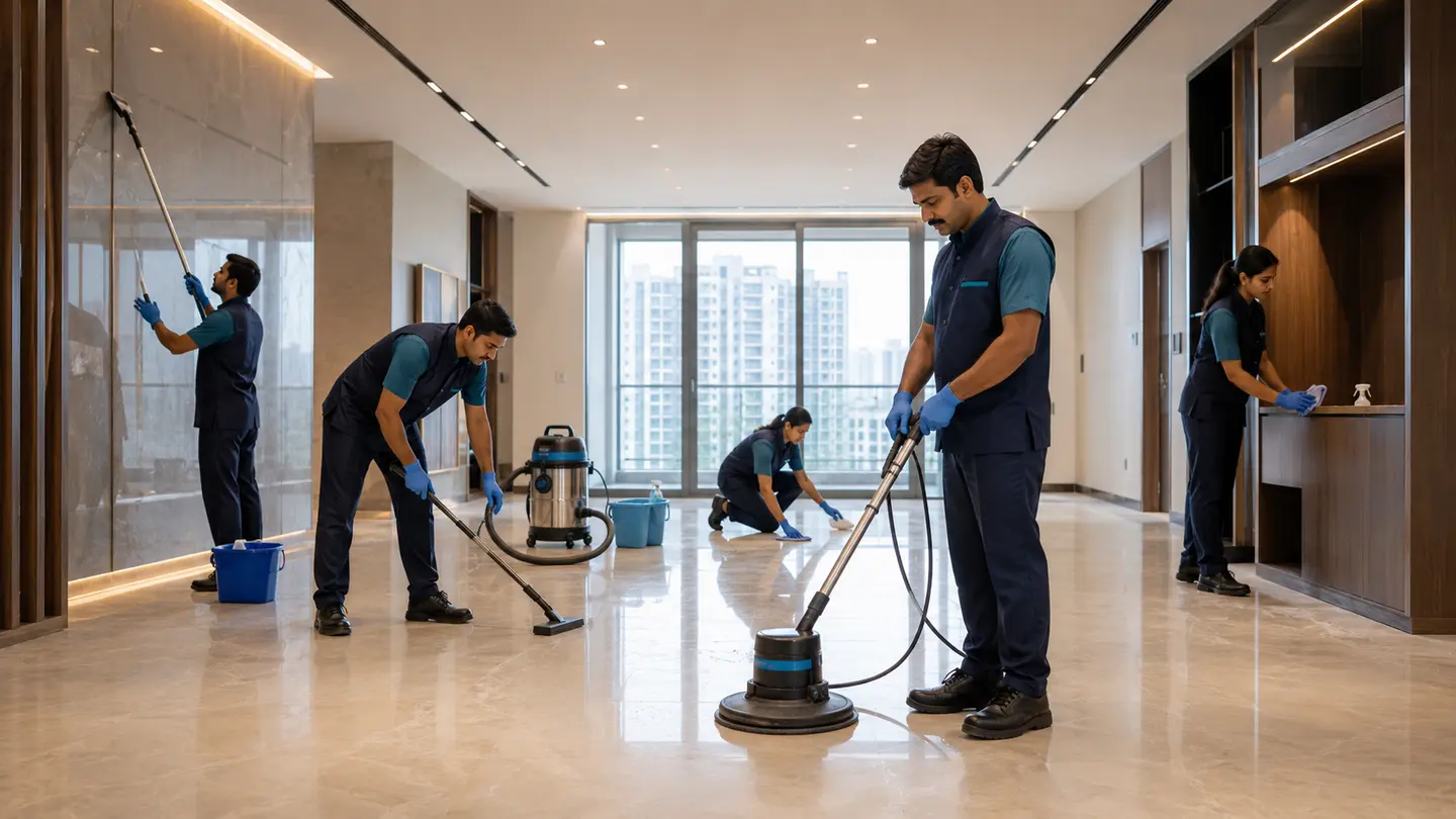 Indian post-construction cleaning team preparing a property handover