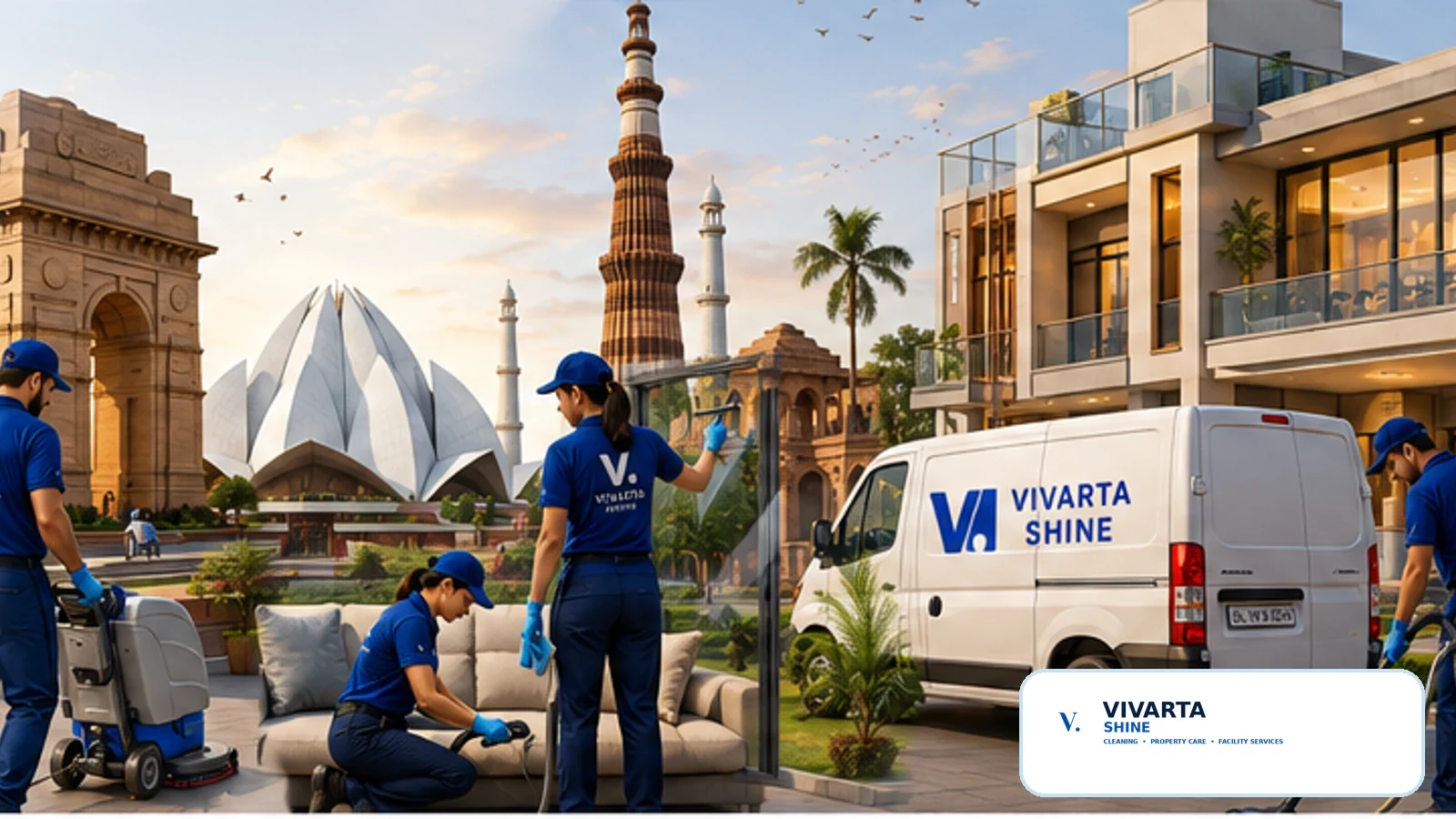 Indian Vivarta Shine cleaning team serving a modern Delhi NCR property