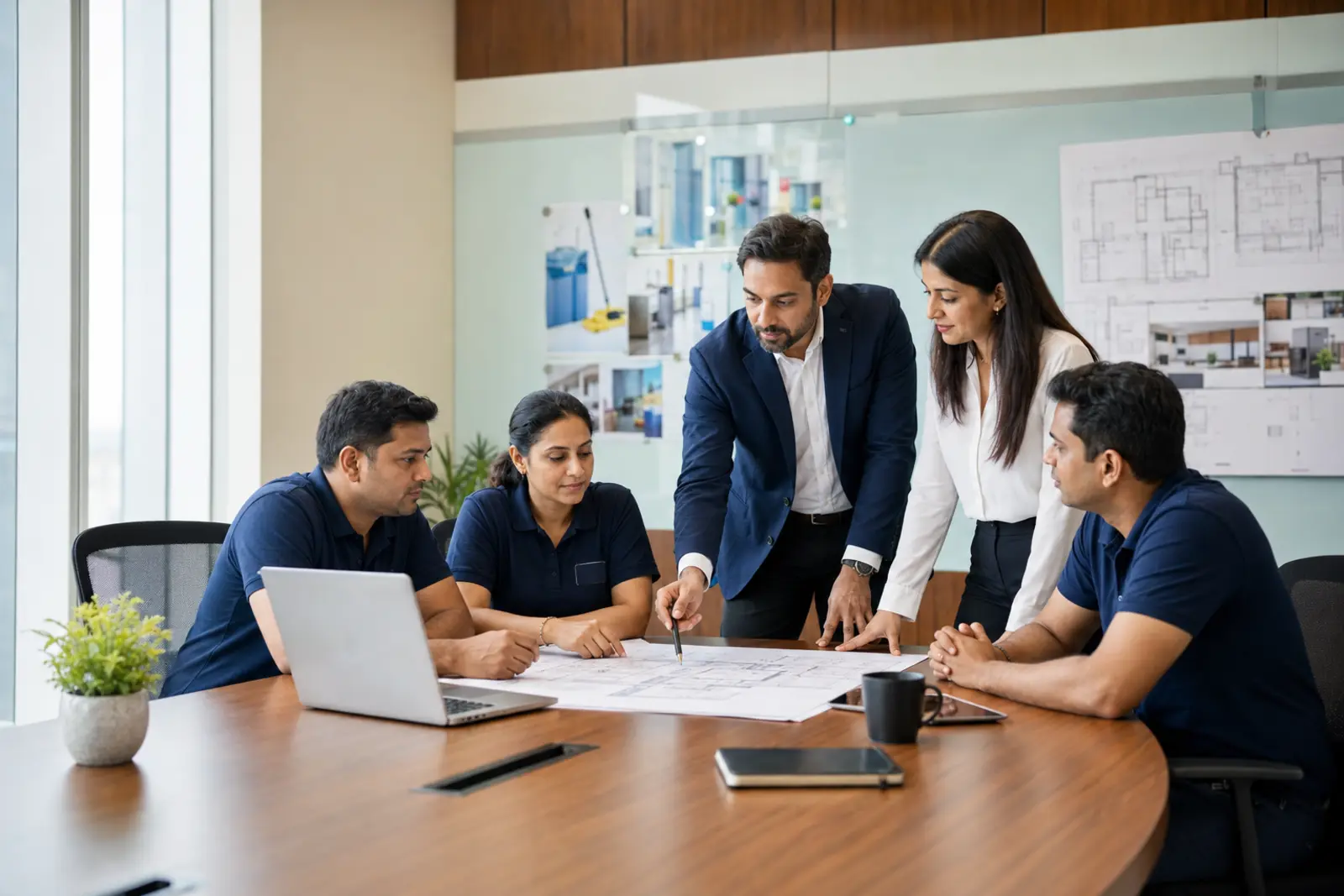 Representative Indian property-care leadership team planning a digital roadmap